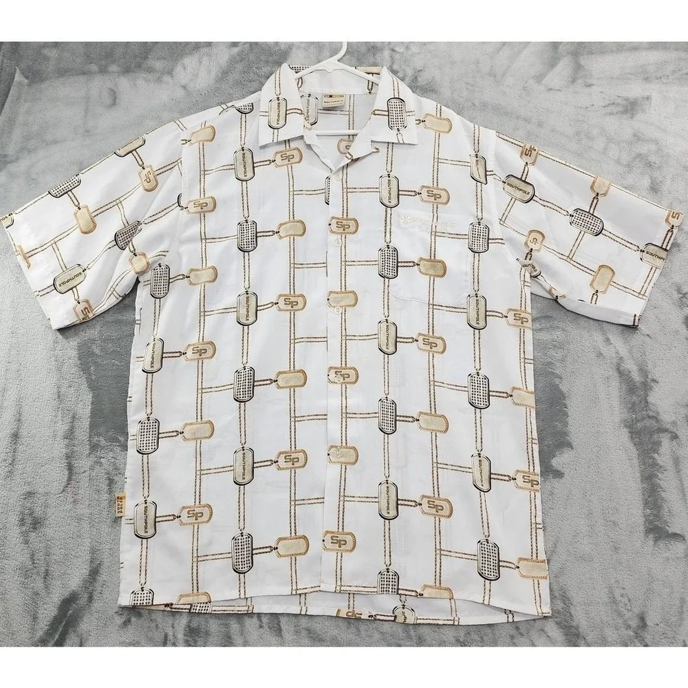 Vintage SOUTHPOLE Shirt Mens L White Gold Dog Tag Chain Print Silky Short Sleeve